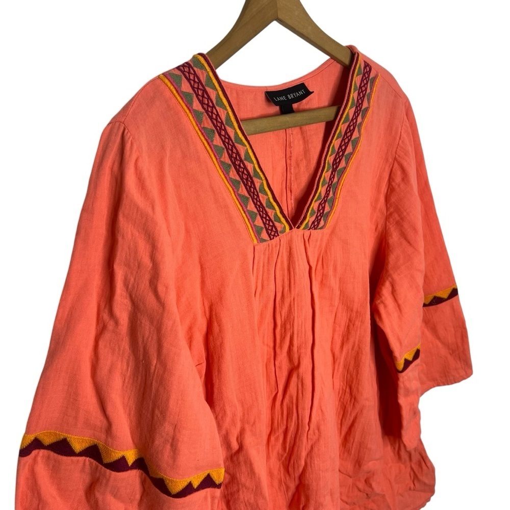 Lane Bryant Size 20 Embroidered Boho Peasant Blouse 100% Cotton Coral Orange